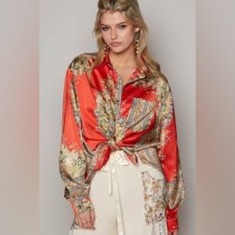 NWT Long Sleeve Woven Prints Button Down Shirt in Red